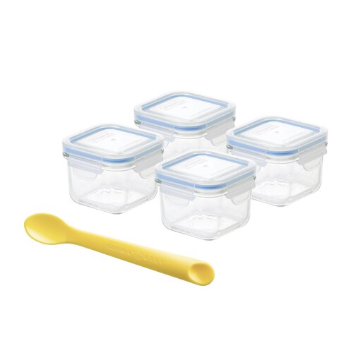 Glasslock 5 Piece Square Baby Food Container Set with Silicone Spoon - 210 ml